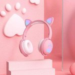 Wholesale Cat Ear and Paw LED Bluetooth Headphone Headset with Built in Mic, Luminous Light, Foldable, 3.5mm Aux In for Adults Children Home School (Pink)